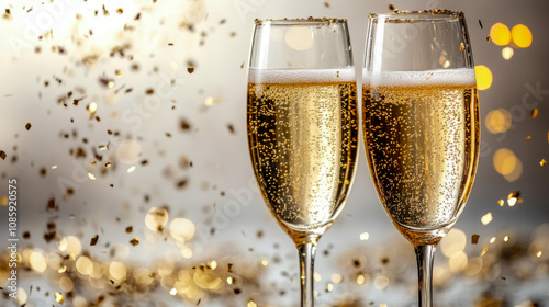 Two champagne glasses with bubbles and golden confetti in festive celebration
