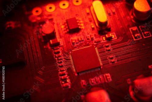 A visually striking macro shot featuring a detailed circuit board illuminated with vibrant red hues and tones