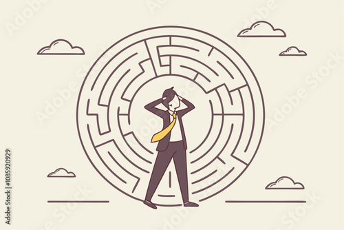 vector illustration of a business man standing in the center of a maze representing confusion and problem-solving.