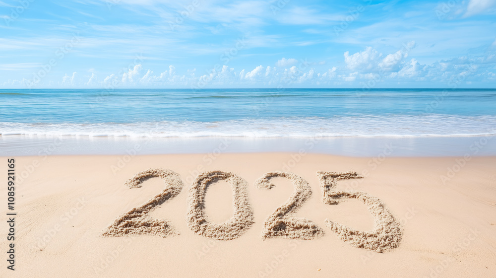 Sand inscription of the year 2025 on a tropical beach with calm water and clear blue skies Sand inscription of the year 2025 on a tropical beach with calm water and clear blue skies