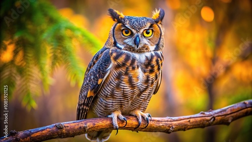 Colorful Great Horned Owl perched on branch with blurred background photo