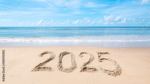 Sand inscription of the year 2025 on a tropical beach with calm water and clear blue skies