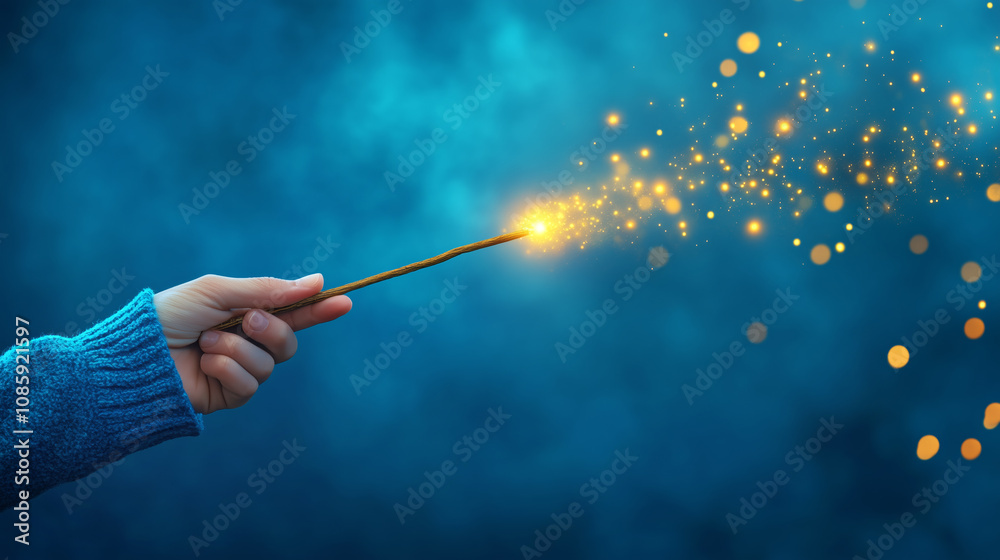 Fototapeta premium Magical wand casting sparkling light against a soft blue background during a night event