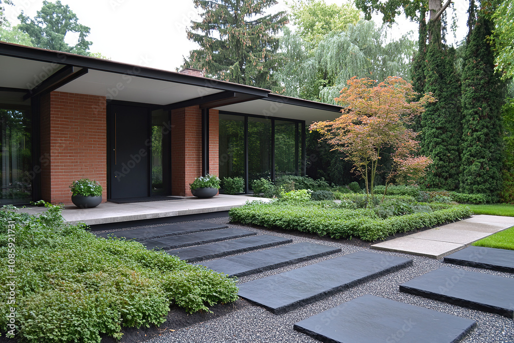 A modernist house with a flat roof, brick walls, and large windows, surrounded by a simple garden with neatly trimmed bushes and geometrically shaped cobblestone paths leading to an entrance door. A modernist house with a flat roof, brick walls, and large windows, surrounded by a simple garden with neatly trimmed bushes and geometrically shaped cobblestone paths leading to an entrance door.