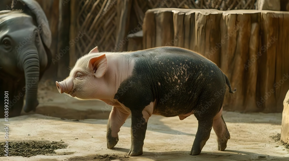 A playful piglet exploring its natural habitat near a friendly elephant in a sunny animal sanctuary, showcasing a harmonious moment in wildlife and farm life interaction. A playful piglet exploring its natural habitat near a friendly elephant in a sunny animal sanctuary, showcasing a harmonious moment in wildlife and farm life interaction.