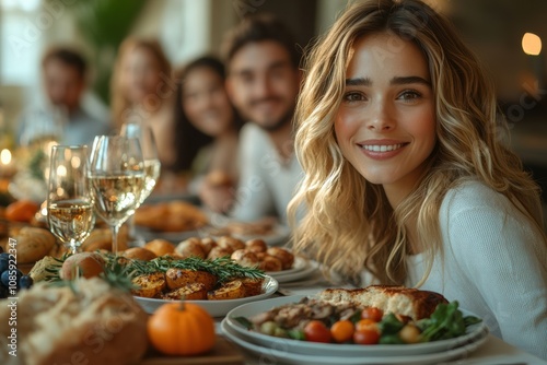 Family dinner in America, everyone gathered around table, sharing hearty meal,