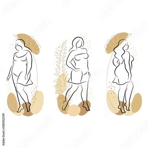 Collection. Silhouette of a female figure and plant leaves. The girl is standing. The lady is full of beauty and sexuality. The girl is overweight vector illustration set.