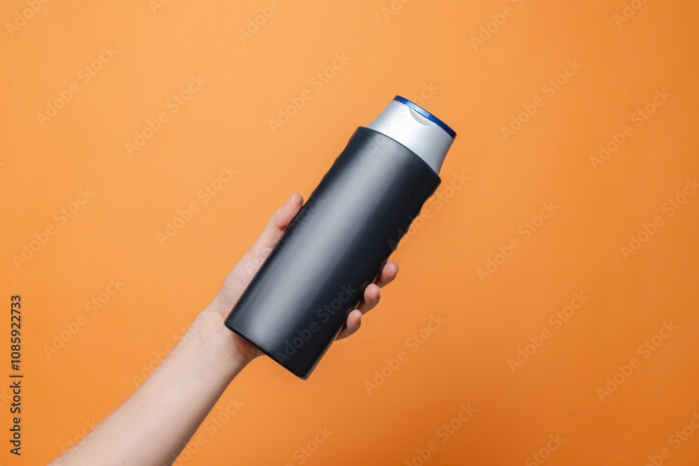 Shampoo bottle in female hand on solid orange background. Cosmetics product package, your brand, spa. Space for text Shampoo bottle in female hand on solid orange background. Cosmetics product package, your brand, spa. Space for text