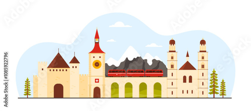 Travel to Switzerland, infographic collage with famous tourist attractions and landmarks. Swiss World Heritage Site, Grossmunster church and Chillon castle, Bernina express cartoon vector illustration