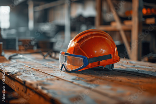 Construction helmet and goggles on workshop table industrial setting mockup photo