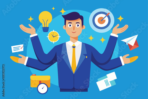 vector illustration of a multitasking business man surrounded by icons representing productivity and success.