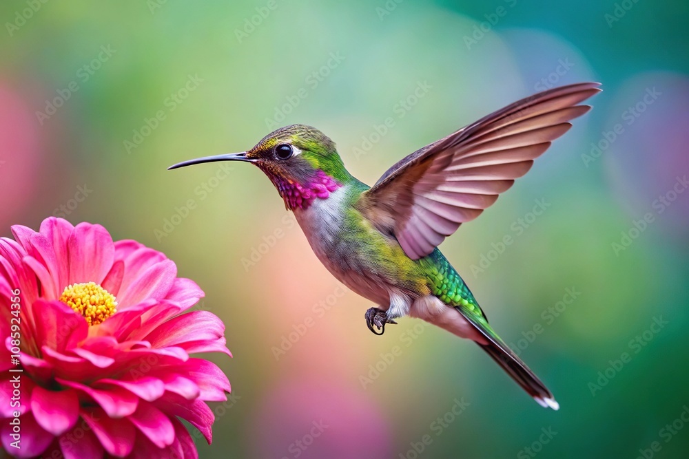 Fototapeta premium Colorful hummingbird hovering near pink flower