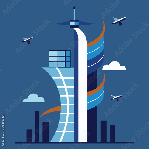 Urban energy design featuring a power station silhouette against a sky with a tower icon