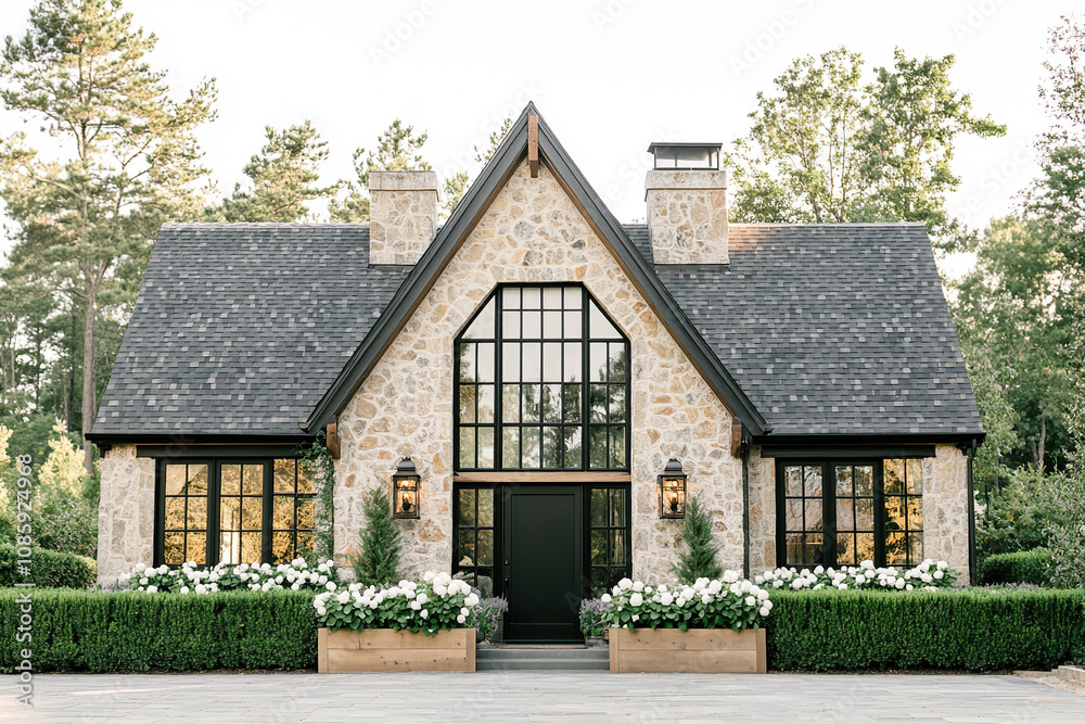 A traditional English stone and shingle house with black windows, white flowers in the front yard, a tall roofline with gable ends, and a large glass-paneled door that leads into an open space. A traditional English stone and shingle house with black windows, white flowers in the front yard, a tall roofline with gable ends, and a large glass-paneled door that leads into an open space.