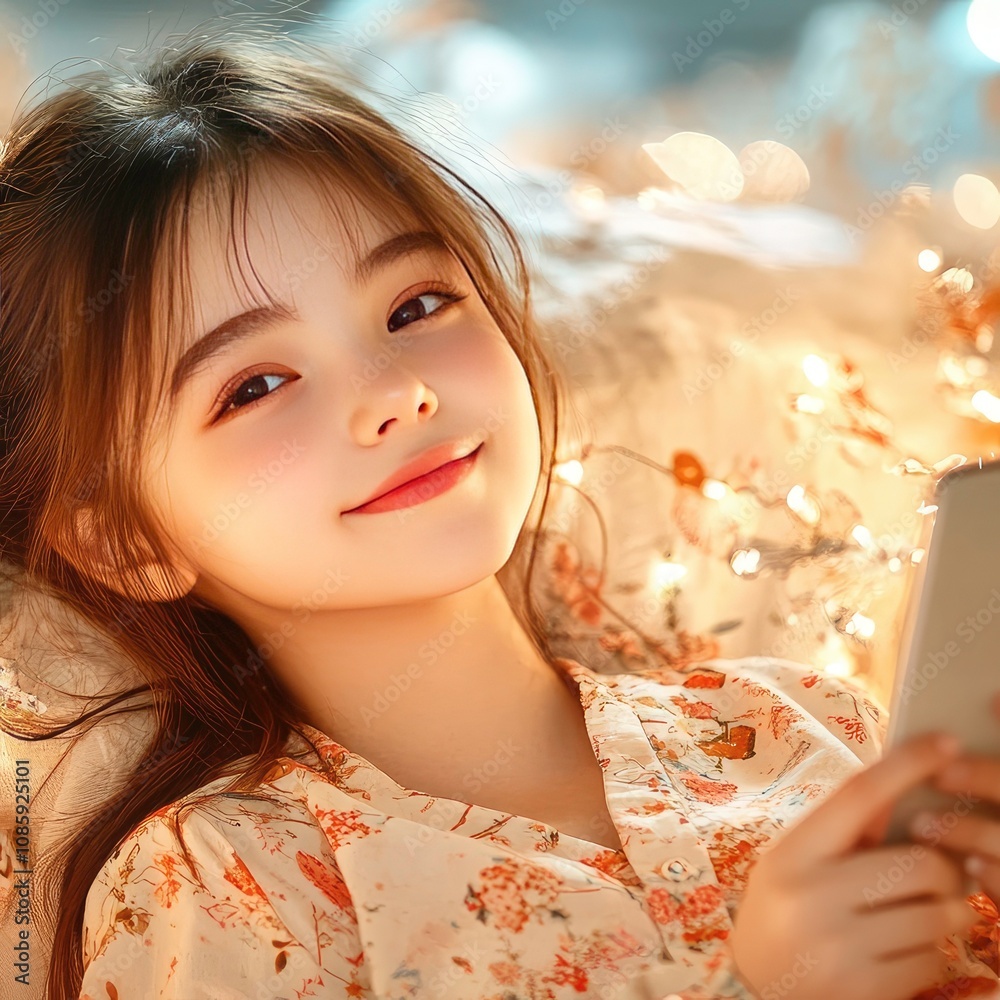 Fototapeta premium Cute Girl Relaxing on a Colorful Blanket in a Bright Outdoor Setting, Perfect for Lifestyle and Wellness Themes