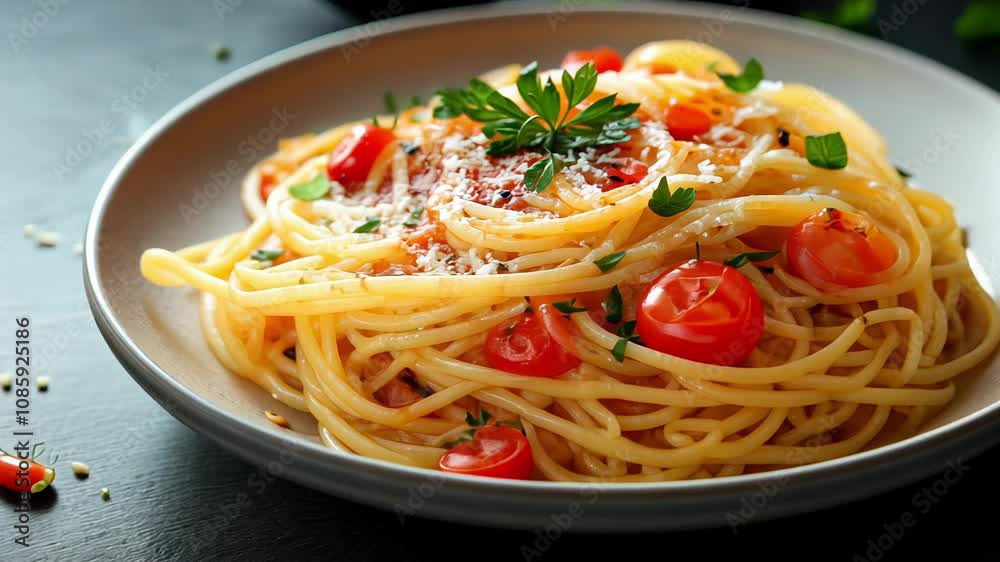 a plate of spaghetti moves spinning, Plate of spaghetti with cherry tomatoes and parmesan cheese, generative ai a plate of spaghetti moves spinning, Plate of spaghetti with cherry tomatoes and parmesan cheese, generative ai