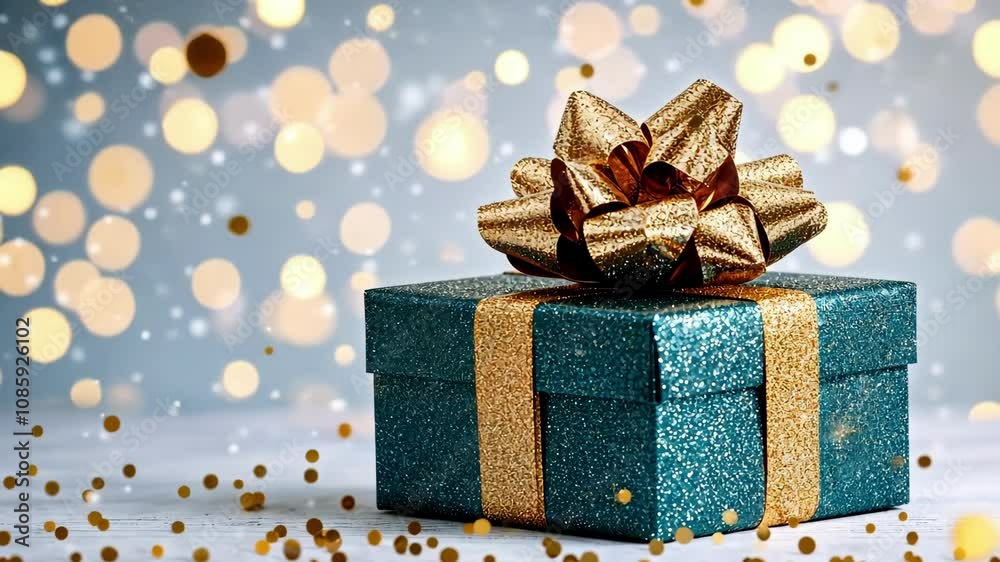 Festive gift box with gold bow amidst celebratory bokeh lights for holiday cheer Festive gift box with gold bow amidst celebratory bokeh lights for holiday cheer