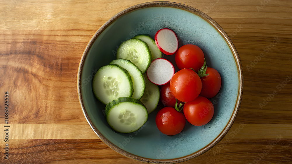 A bowl with a few cherry tomatoes radishes and cucumber slices arranged on a minimalist wooden table. A bowl with a few cherry tomatoes radishes and cucumber slices arranged on a minimalist wooden table.