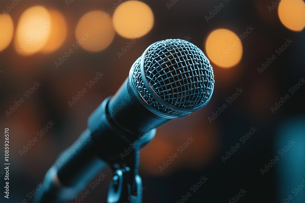 Photo of a microphone in front of an audience, ready for the speech. Photo of a microphone in front of an audience, ready for the speech.