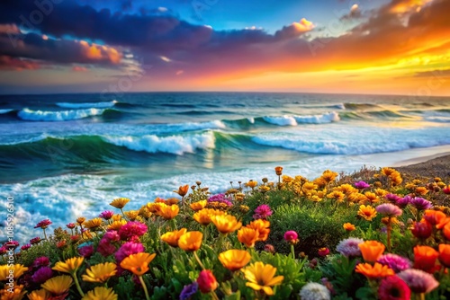 Fototapeta Naklejka Na Ścianę i Meble -  colorful landscape with flowers and waves in soft focus