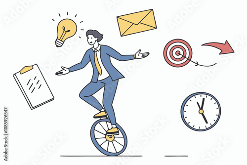 vector illustration of a business man balancing on a unicycle surrounded by icons representing multitasking and time management.