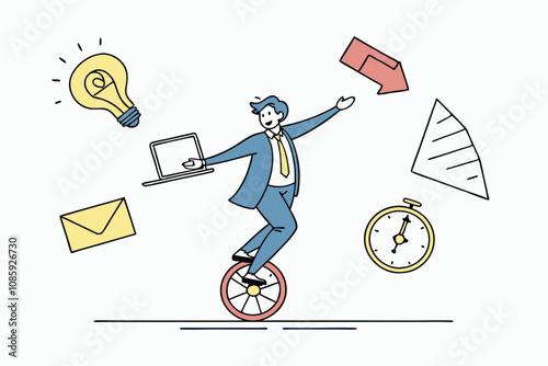 vector illustration of a business man balancing on a unicycle surrounded by icons representing multitasking and time management.