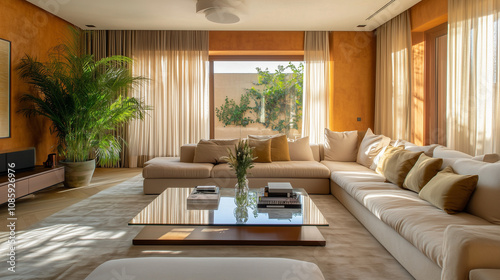 Wallpaper Mural A contemporary living room with a large beige sectional sofa, glass coffee table, and plants near the windows. Torontodigital.ca