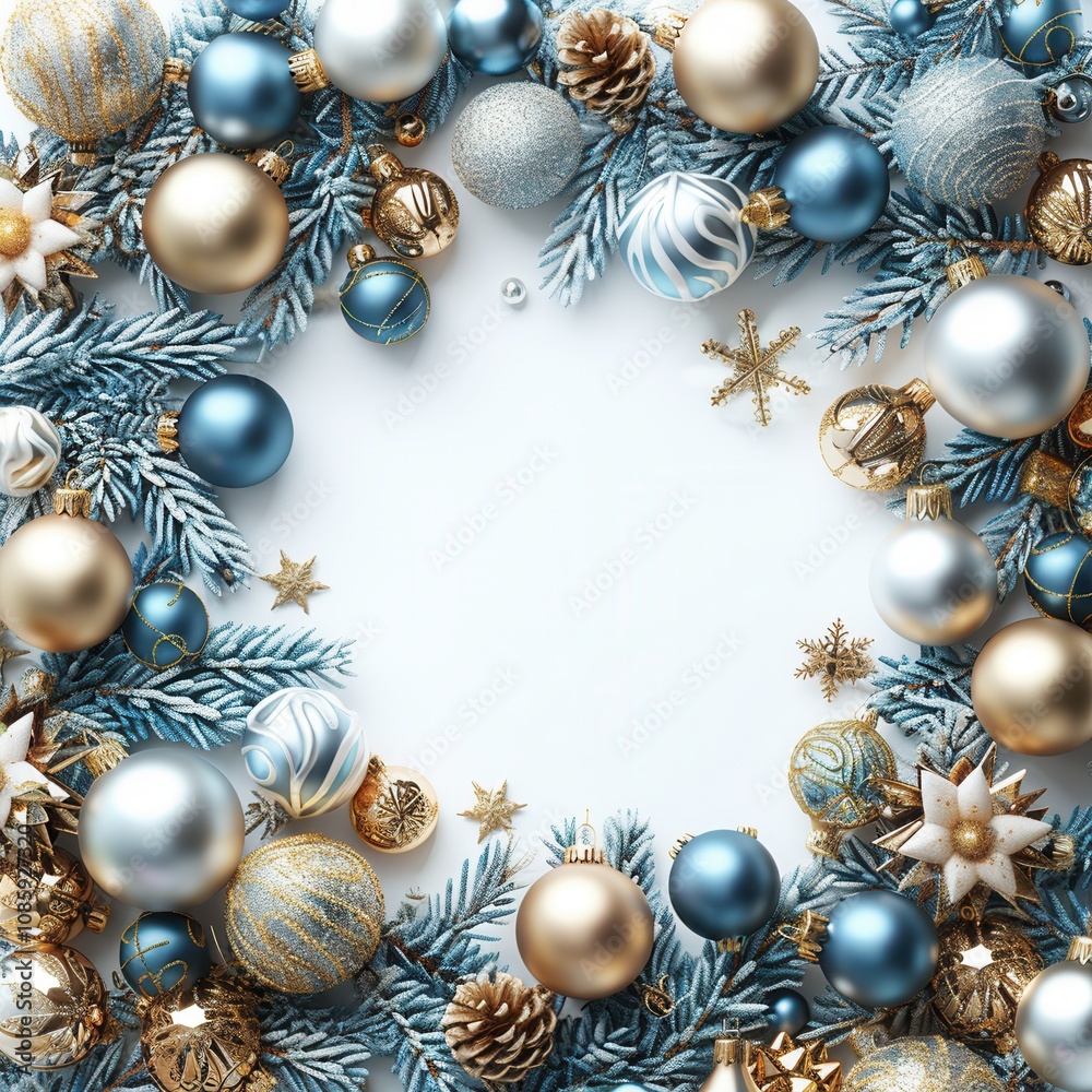 a festive wreath arranged in a circular pattern with a blank space in the center. The wreath is made up of blue and gold Christmas ornaments, including baubles, stars, and pinecones, interspersed with a festive wreath arranged in a circular pattern with a blank space in the center. The wreath is made up of blue and gold Christmas ornaments, including baubles, stars, and pinecones, interspersed with