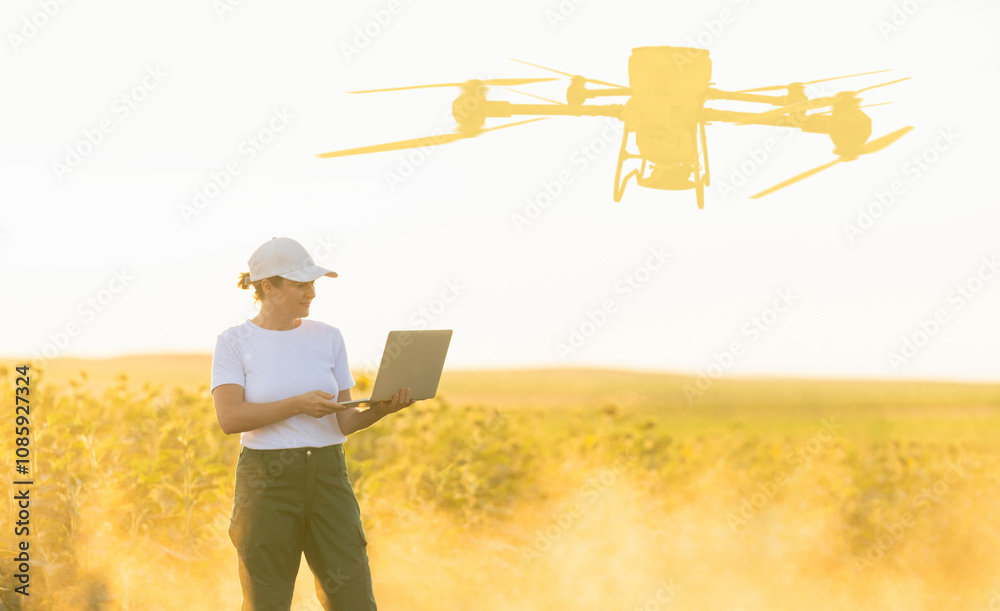 Woman farmer with drone on a wheat field. Smart farming and precision agriculture. Woman farmer with drone on a wheat field. Smart farming and precision agriculture.