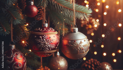 Handmade Christmas tree decorations. Beautiful colored balls hangs on branch. New Year concept. close-up with a blurred background