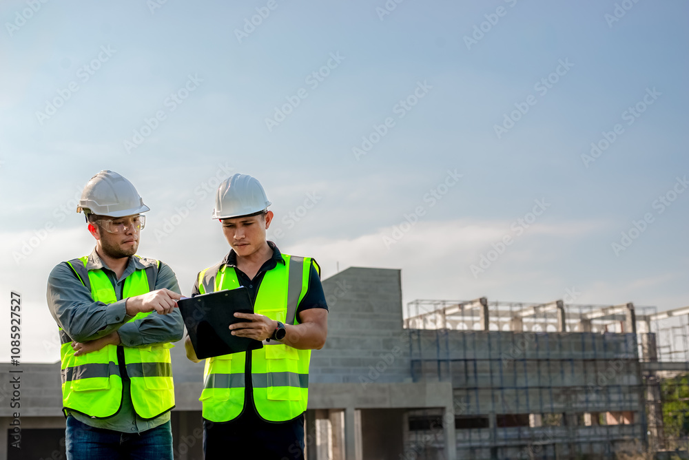 Two construction engineers are planning the construction of a building according to the building plan. Two construction engineers are planning the construction of a building according to the building plan.