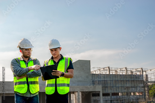 Two construction engineers are planning the construction of a building according to the building plan.