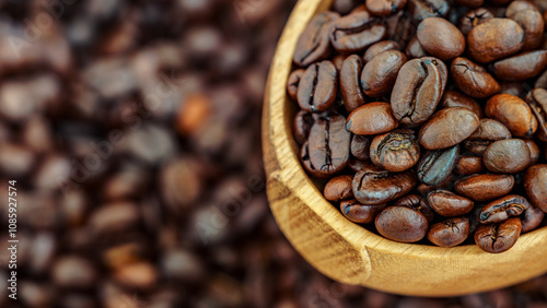 Close-up of roasted coffee beans in a wooden bowl with a blurred background. Perfect for themes of coffee culture, freshness, and artisanal brewing.