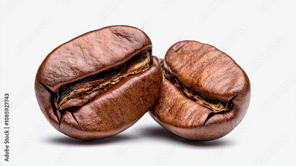 Obraz premium A photostock of a close-up of a roasted coffee bean split open on isolated on transparent PNG background, High Quality.