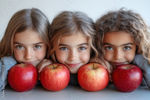 Kids snacking after school, enjoying apple slices and yogurt, photo