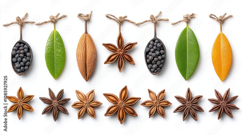 A photostock of a collection of star anise arranged in a row on isolated on transparent PNG background, High Quality. A photostock of a collection of star anise arranged in a row on isolated on transparent PNG background, High Quality.