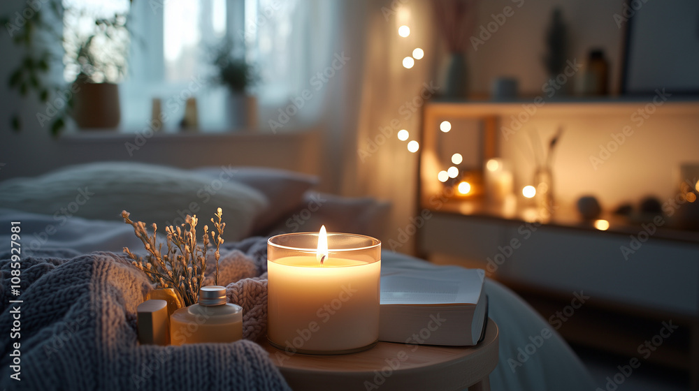 A peaceful, cozy bedroom with a lit candle and soft lighting. A peaceful, cozy bedroom with a lit candle and soft lighting.
