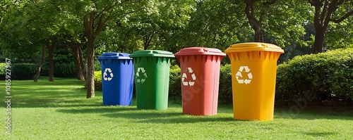 Colorful Recycling Bins in a Lush Green Park Surrounded by Trees on a Sunny Day Promoting Environmental Awareness and Sustainable Living Practices photo