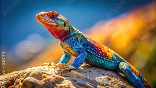 Colorful lizard perched on rock in mountain