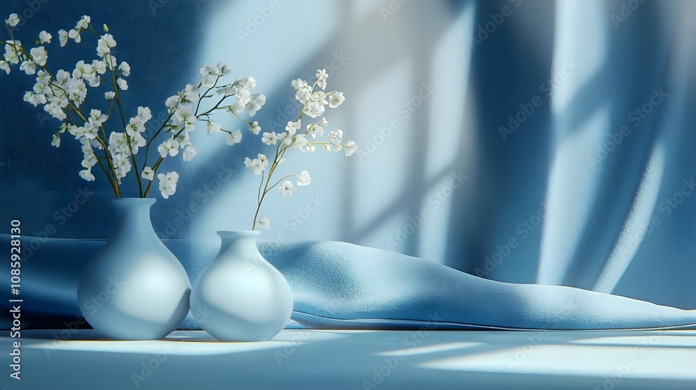 Obraz premium Serene Still Life with Blue Vases and Delicate Blossoms Captured in Soft Natural Light Highlighting Textures and Shadows for Elegant Home Decor