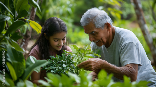 An elderly man teaching his granddaughter about gardening both holding plants and surrounded by green foliage.