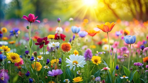 Colorful meadow filled with spring flowers in focus with shallow depth of field