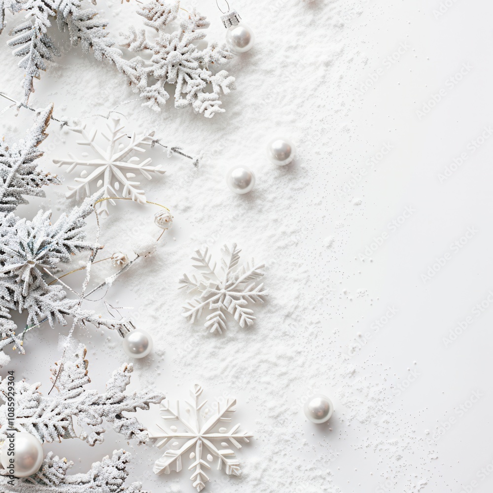 a winter-themed arrangement on a white background. There are several decorative snowflakes scattered across the left side of the image. These snowflakes are intricately designed and appear to be made a winter-themed arrangement on a white background. There are several decorative snowflakes scattered across the left side of the image. These snowflakes are intricately designed and appear to be made