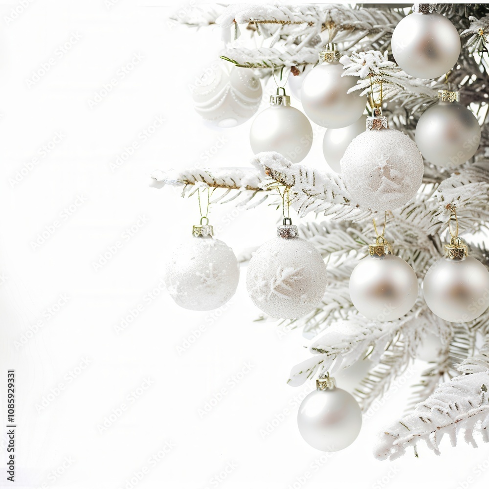 a section of a Christmas tree with white branches, decorated with various white and silver ornaments. The ornaments are mostly spherical baubles, some with a matte finish and others with a shiny a section of a Christmas tree with white branches, decorated with various white and silver ornaments. The ornaments are mostly spherical baubles, some with a matte finish and others with a shiny