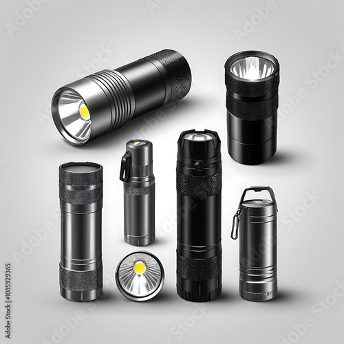 more size set matal dark light black or selver alpha color or vatical contant Flashlight set transparent or white background  photo