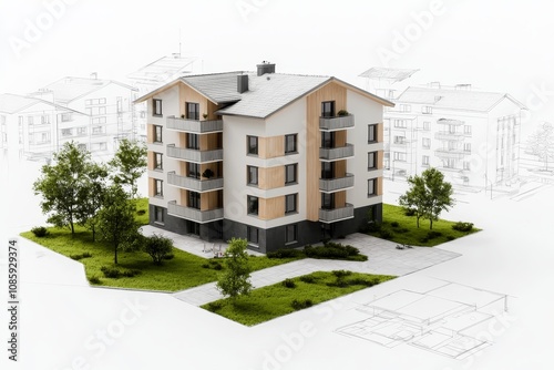 Modern Urban Architectural Design Concept with 3D Building Model on Sketch Plan - Symmetrical Isometric View of Contemporary Apartment Complex in Light and Airy Style