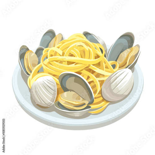 Simple flat 2D illustration of a linguine alle vongole linguine with pasta isolated on a white background, vector 2D design, icon, flat 2d