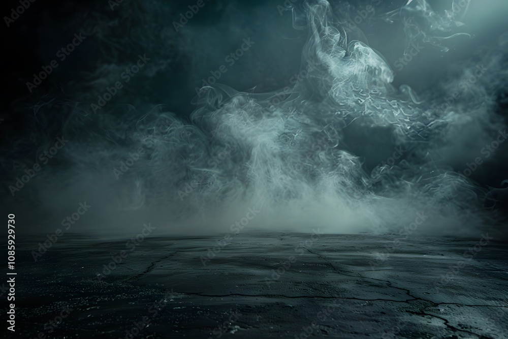 Black background with fog and smoke empty concrete floor for product display presentation in dark r
