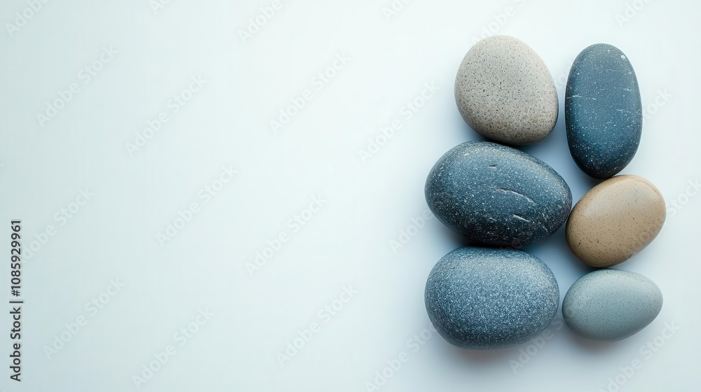 A cluster of small polished river stones, sitting on a white background, with a smooth texture and an earthy, minimalist aesthetic. A cluster of small polished river stones, sitting on a white background, with a smooth texture and an earthy, minimalist aesthetic.
