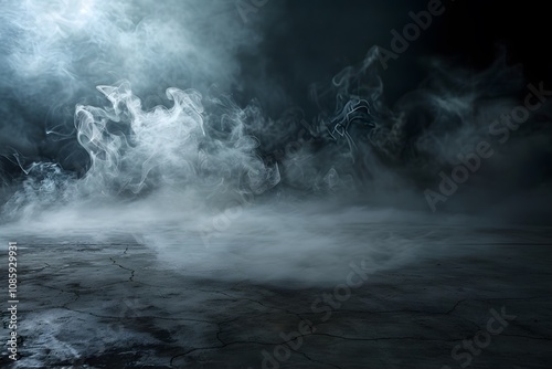 Black background with fog and smoke empty concrete floor for product display presentation in dark r 